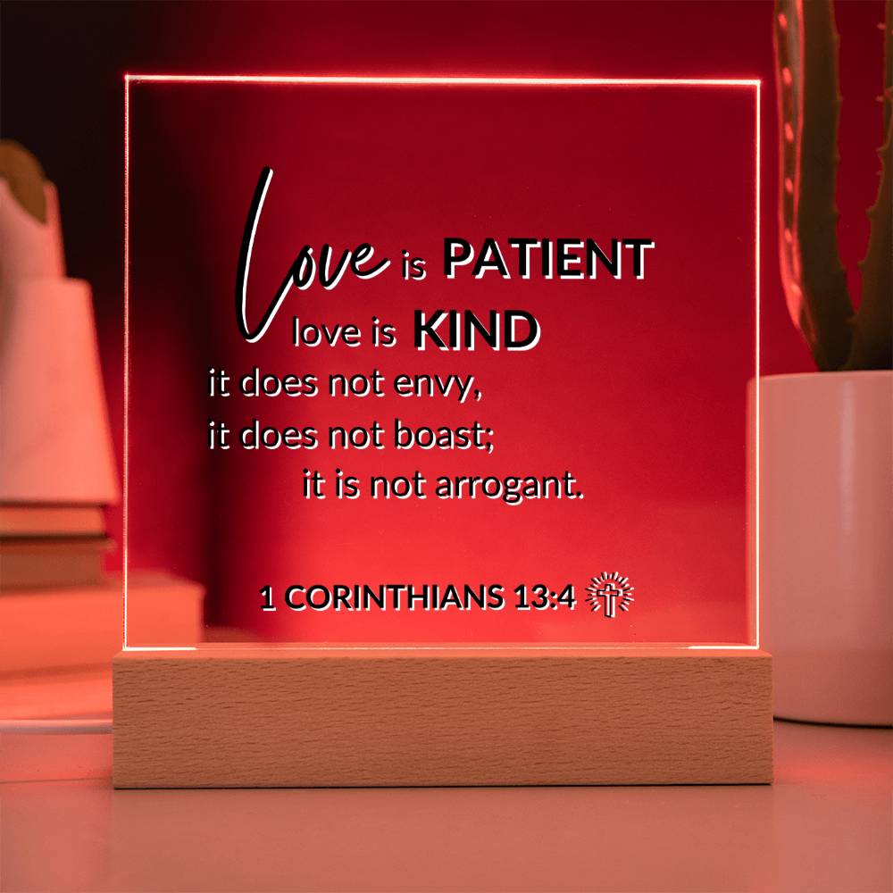LED Bible Verse - Love Is Patient - 1 Corinthians 13:4 - Inspirational Acrylic Plaque with LED Nightlight Upgrade - Christian Home Decor