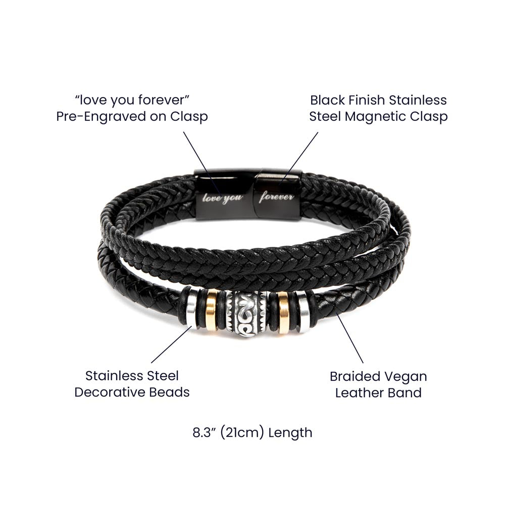 Gift For Bonus Son From Bonus Dad - Never Forget Your Way Home - Men's Braided Leather Bracelet - Great As A Christmas Gift or A Birthday Present For Him