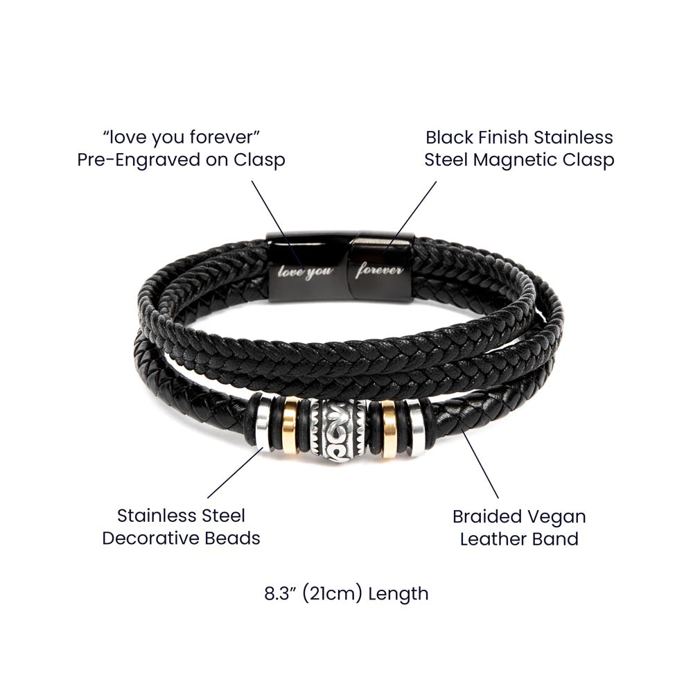 Gift For Bonus Son From Bonus Mom - Never Forget Your Way Home - Men's Braided Leather Bracelet - Great As A Christmas Gift or A Birthday Present For Him