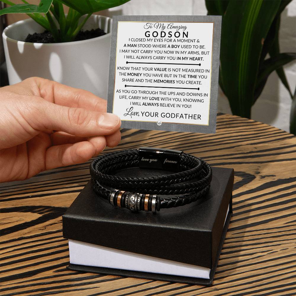 Gift For My Godson From His Godfather - I Closed My Eyes - Men's Braided Leather Bracelet - Great As A Christmas Gift or A Birthday Present For Him