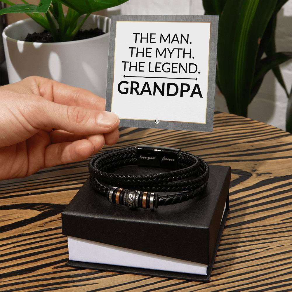 Gift For Grandpa - The Man. The Myth. The Legend. - Men's Braided Leather Bracelet - Great As A Christmas Gift or A Birthday Present For Him