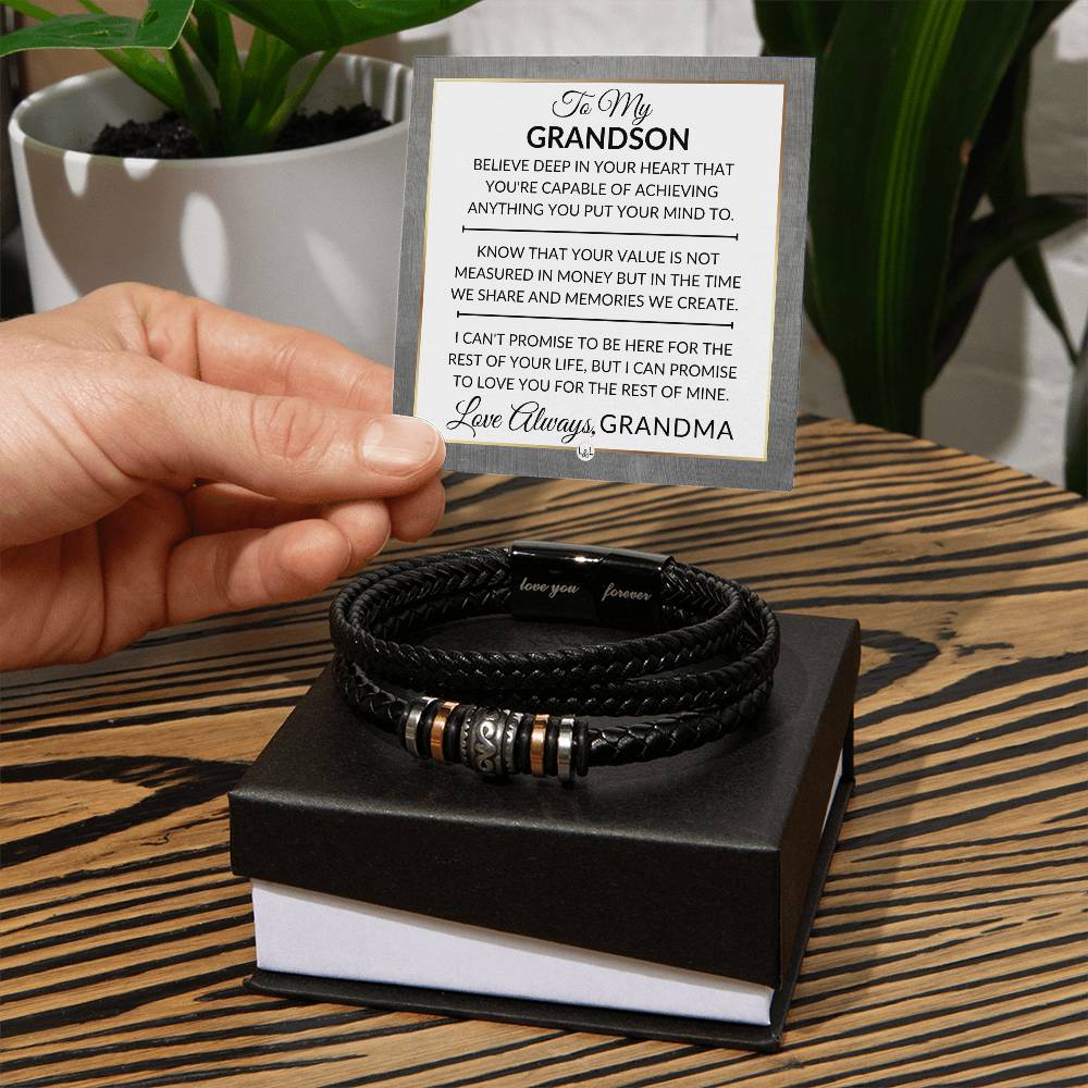 Grandson Gift From Grandma - You Can Achieve Anything - Men's Braided Leather Bracelet - Great As A Christmas Gift or A Birthday Present For Him