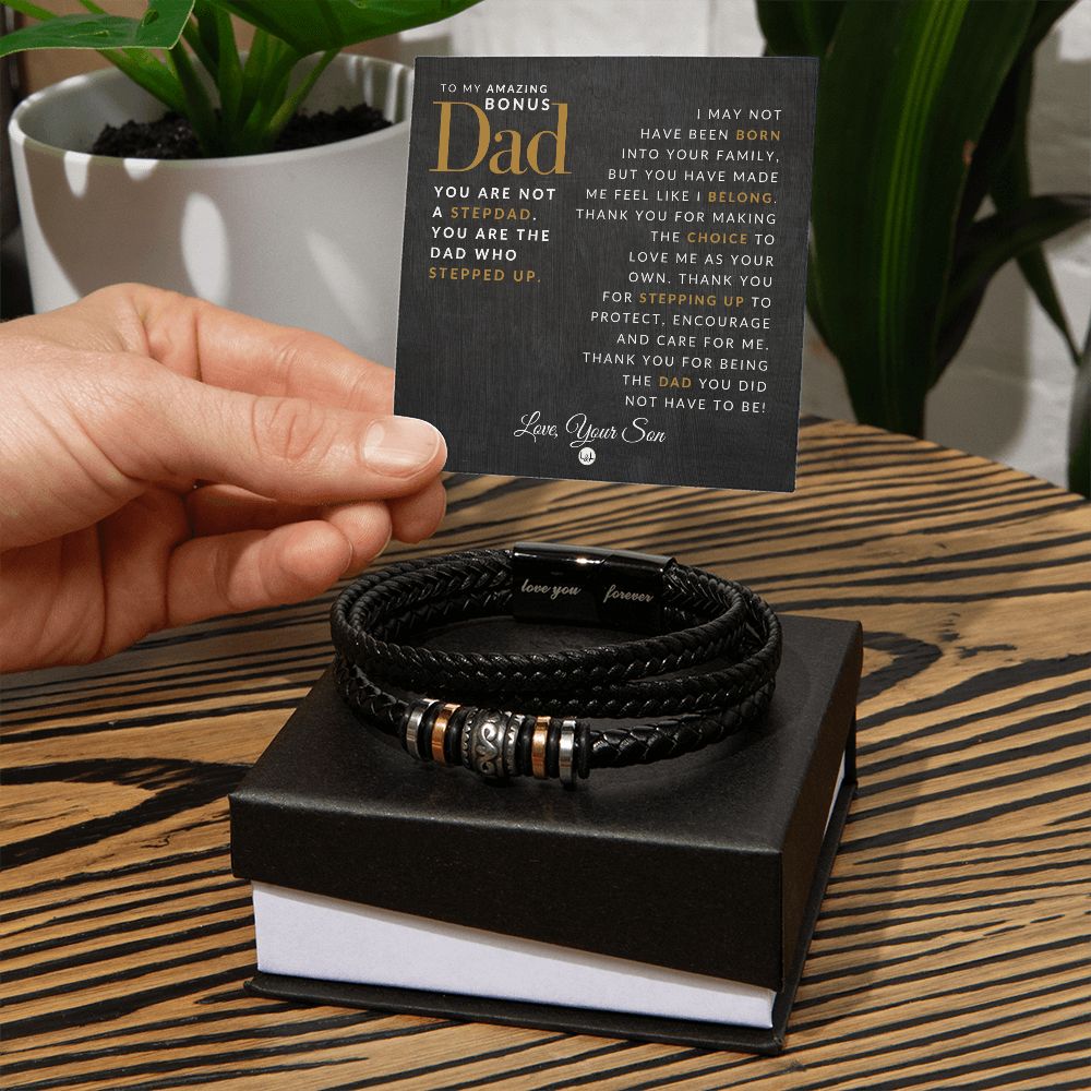 Gift For Bonus Dad, From Son - Men's Leather Bracelet For Dad - Great For Christmas, Father's Day or His Birthday