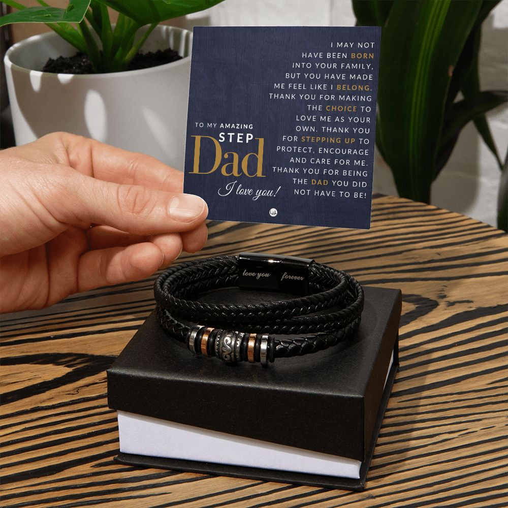 Gift For Your Amazing Step Dad - Men's Leather Bracelet For Dad - Great For Christmas, Father's Day or His Birthday