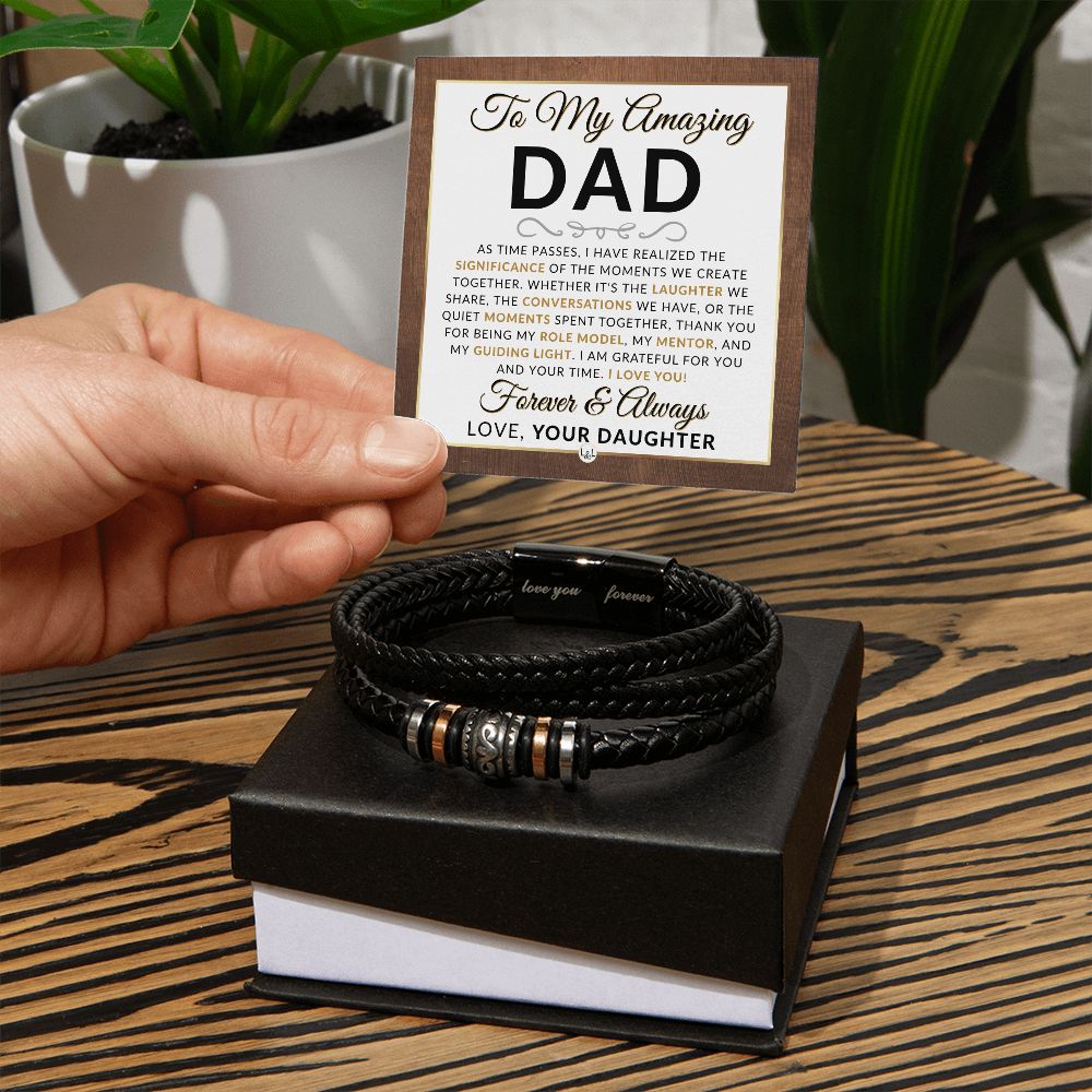 Dad Gift, From Daughter - Men's Leather Bracelet For Dad - Great For Christmas, Father's Day or His Birthday