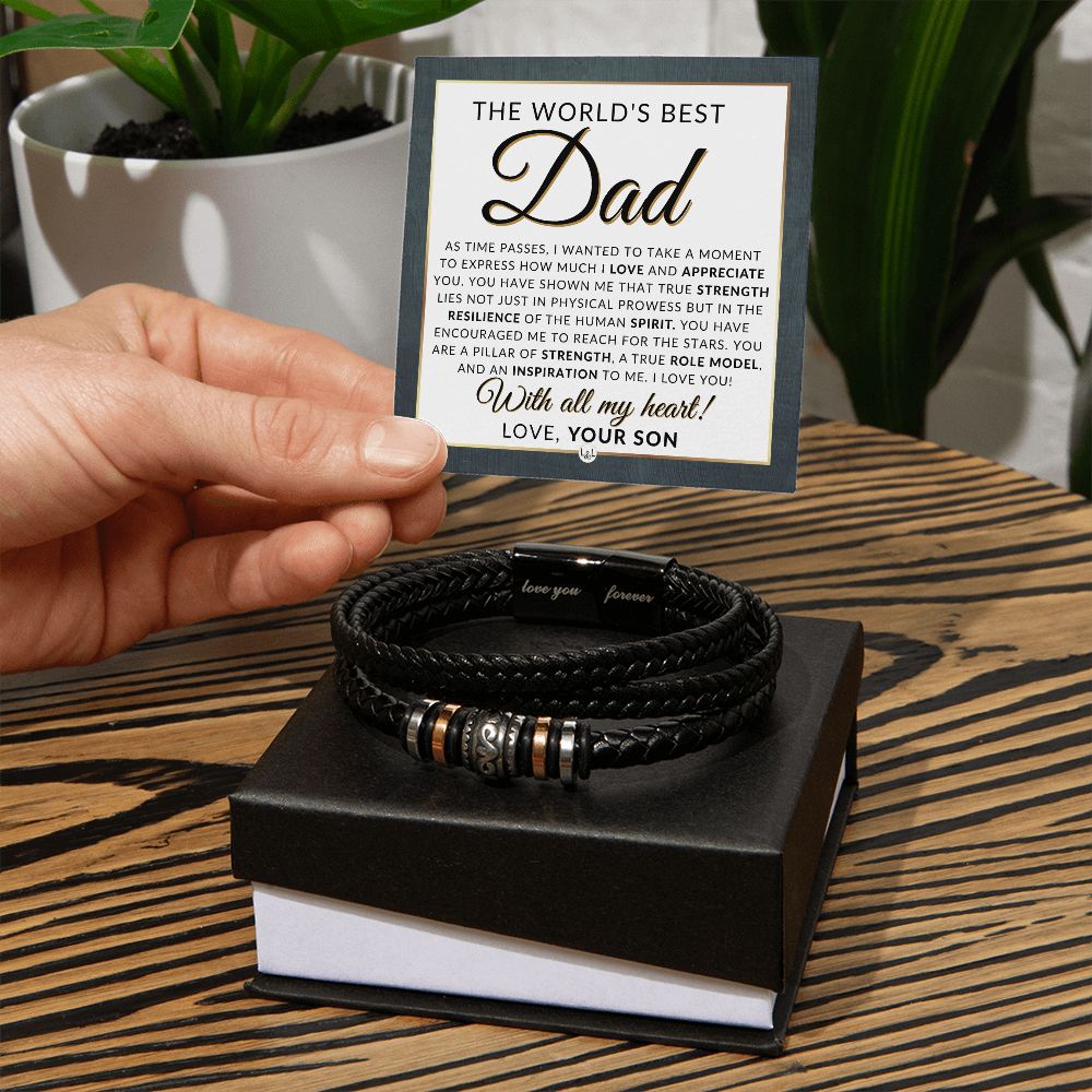 World's Best Dad, From Son - Men's Leather Bracelet For Dad - Great For Christmas, Father's Day or His Birthday