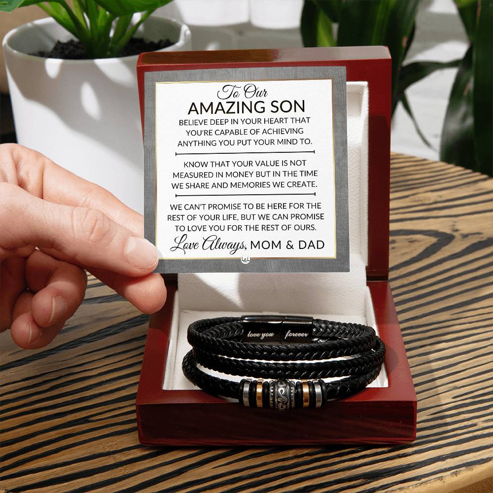 Son Gift From Mom and Dad - You Can Achieve Anything - Men's Braided Leather Bracelet - Great As A Christmas Gift or A Birthday Present For Him