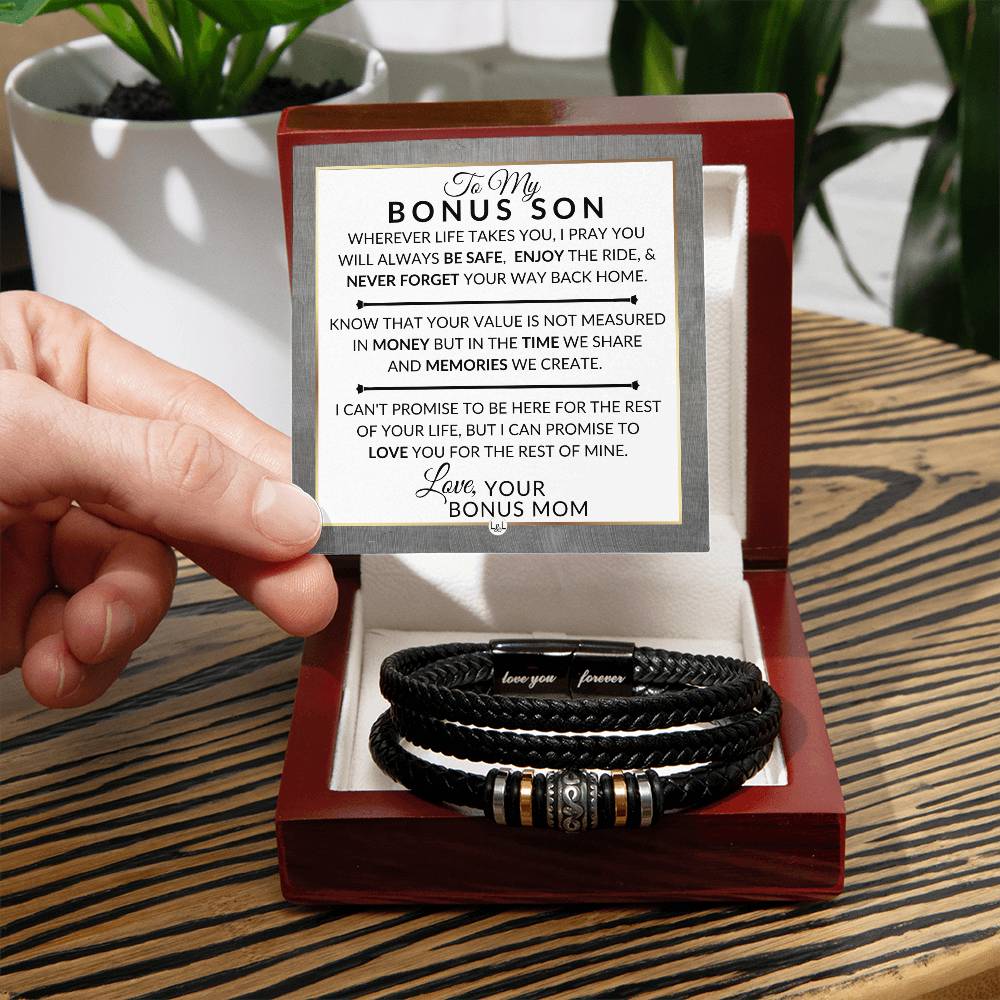 Gift For Bonus Son From Bonus Mom - Never Forget Your Way Home - Men's Braided Leather Bracelet - Great As A Christmas Gift or A Birthday Present For Him