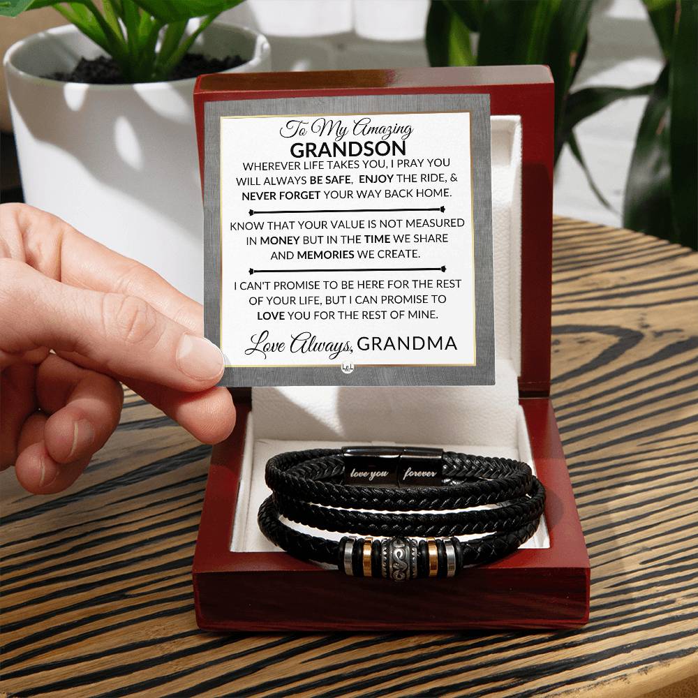 Gift For Grandson From Grandma - Never Forget Your Way Home - Men's Braided Leather Bracelet - Great As A Christmas Gift or A Birthday Present For Him