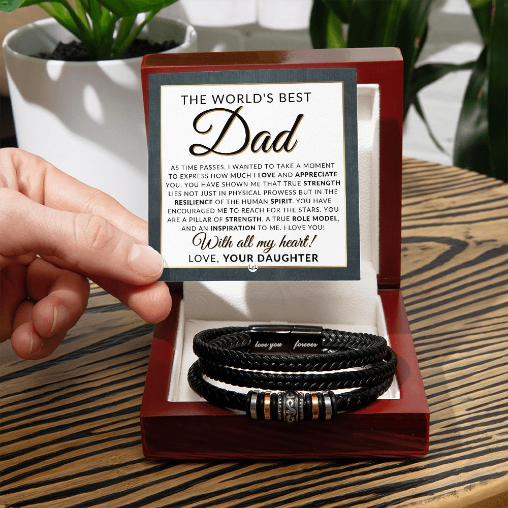 World's Best Dad, From Daughter - Men's Leather Bracelet For Dad - Great For Christmas, Father's Day or His Birthday