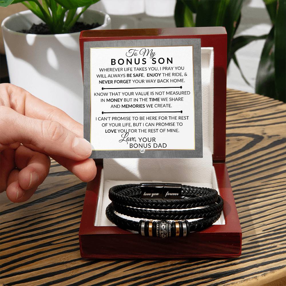 Gift For Bonus Son From Bonus Dad - Never Forget Your Way Home - Men's Braided Leather Bracelet - Great As A Christmas Gift or A Birthday Present For Him