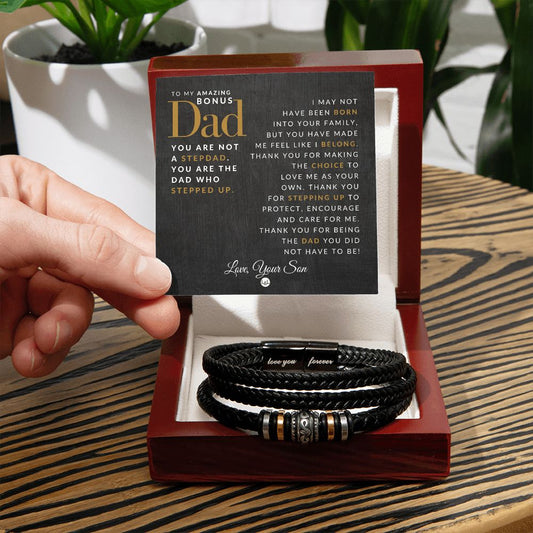 Gift For Bonus Dad, From Son - Men's Leather Bracelet For Dad - Great For Christmas, Father's Day or His Birthday