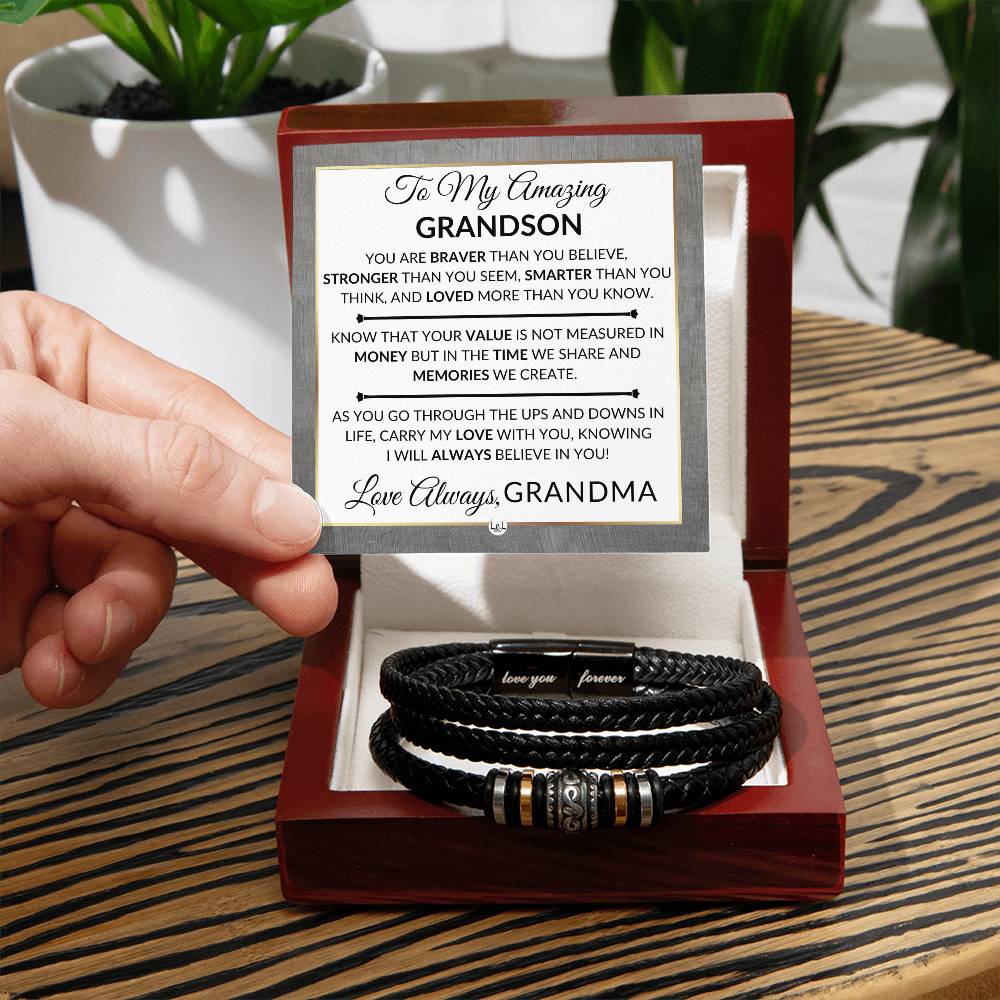 Gift For My Grandson From Grandma - Carry My Love With You - Men's Braided Leather Bracelet - Great As A Christmas Gift or A Birthday Present For Him