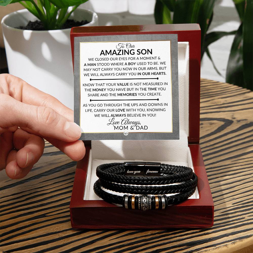 Gift For Our Son From His Mom and Dad - We Closed Our Eyes - Men's Braided Leather Bracelet - Great As A Christmas Gift or A Birthday Present For Him
