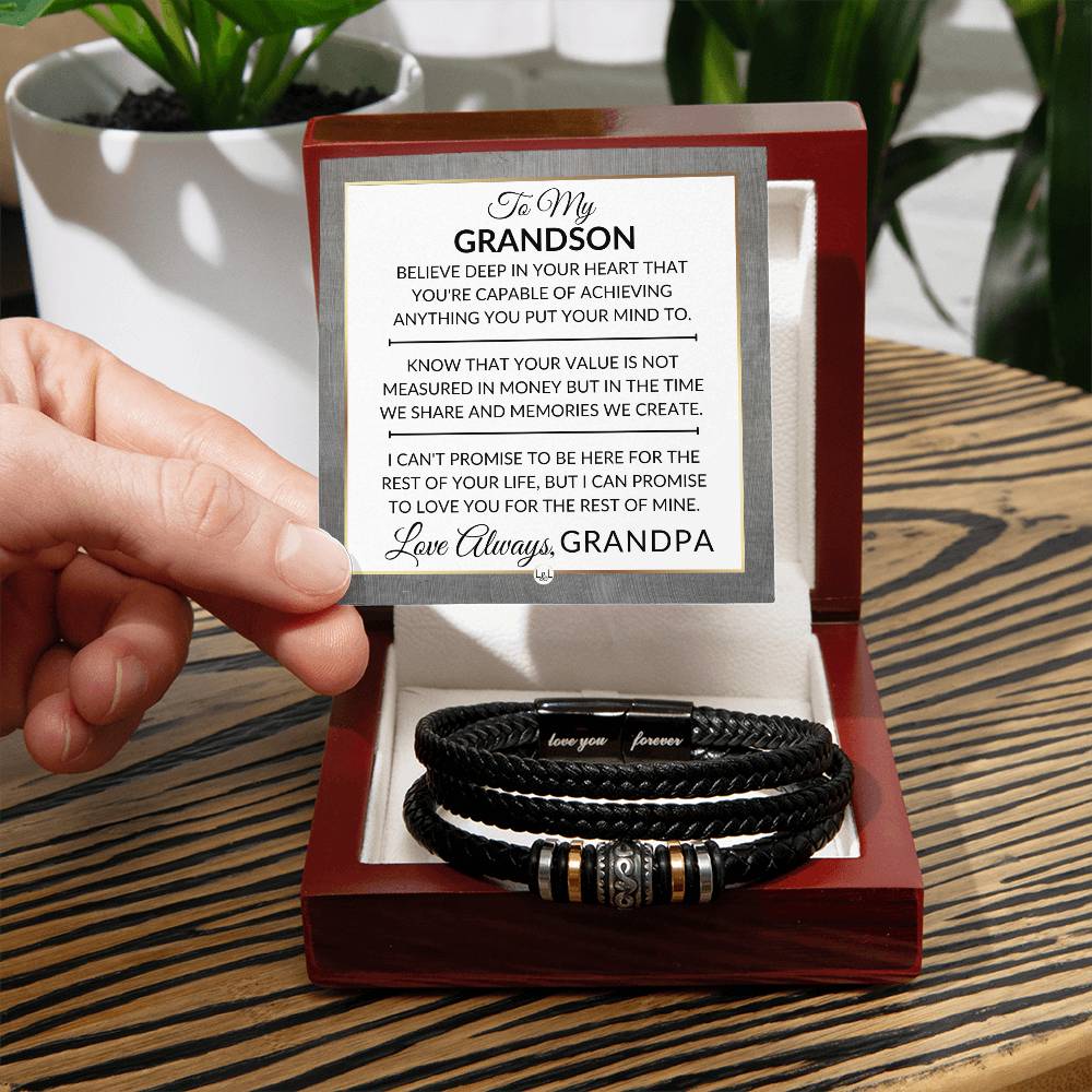 Grandson Gift From Grandpa - You Can Achieve Anything - Men's Braided Leather Bracelet - Great As A Christmas Gift or A Birthday Present For Him