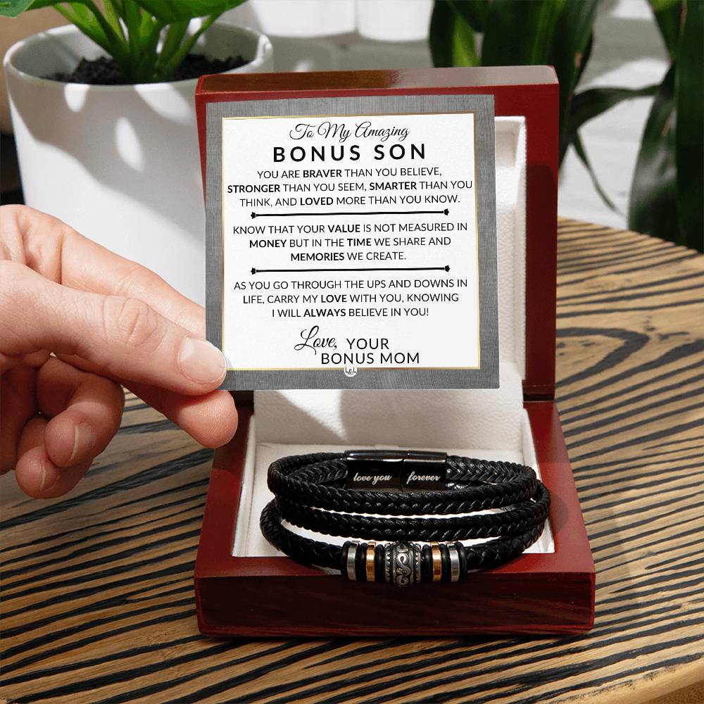 Gift For My Bonus Son From Bonus Mom - Carry My Love With You - Men's Braided Leather Bracelet - Great As A Christmas Gift or A Birthday Present For Him