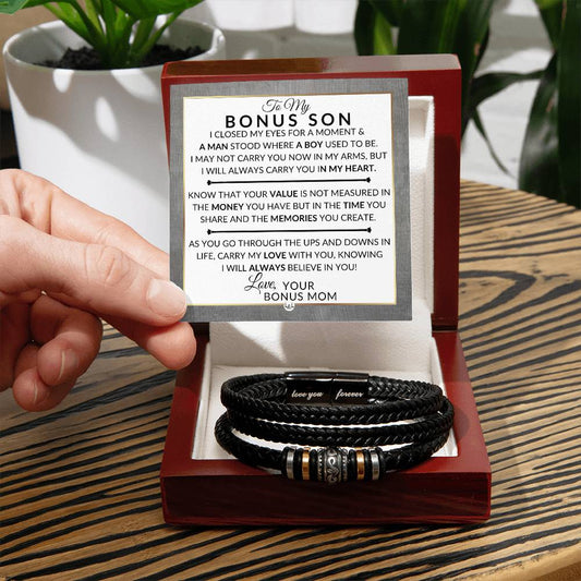 Gift For My Bonus Son From His Bonus Mom - I Closed My Eyes - Men's Braided Leather Bracelet - Great As A Christmas Gift or A Birthday Present For Him