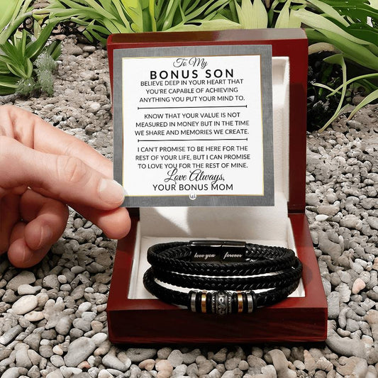 Bonus Son Gift From Bonus Mom - You Can Achieve Anything - Men's Braided Leather Bracelet - Great As A Christmas Gift or A Birthday Present For Him