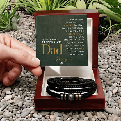 Gift For Your Step Dad - Men's Leather Bracelet For Dad - Great For Christmas, Father's Day or His Birthday