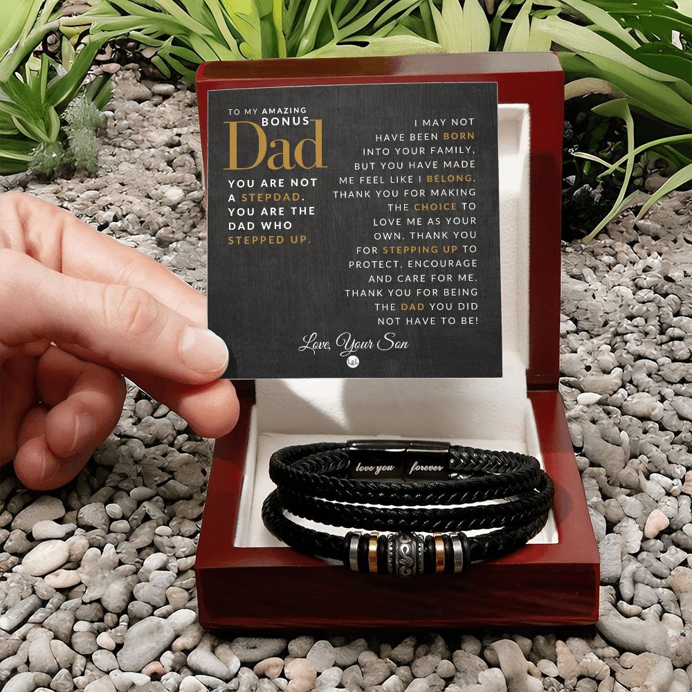 Gift For Bonus Dad, From Son - Men's Leather Bracelet For Dad - Great For Christmas, Father's Day or His Birthday