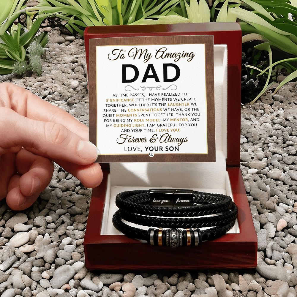 Dad Gift, From Son - Men's Leather Bracelet For Dad - Great For Christmas, Father's Day or His Birthday