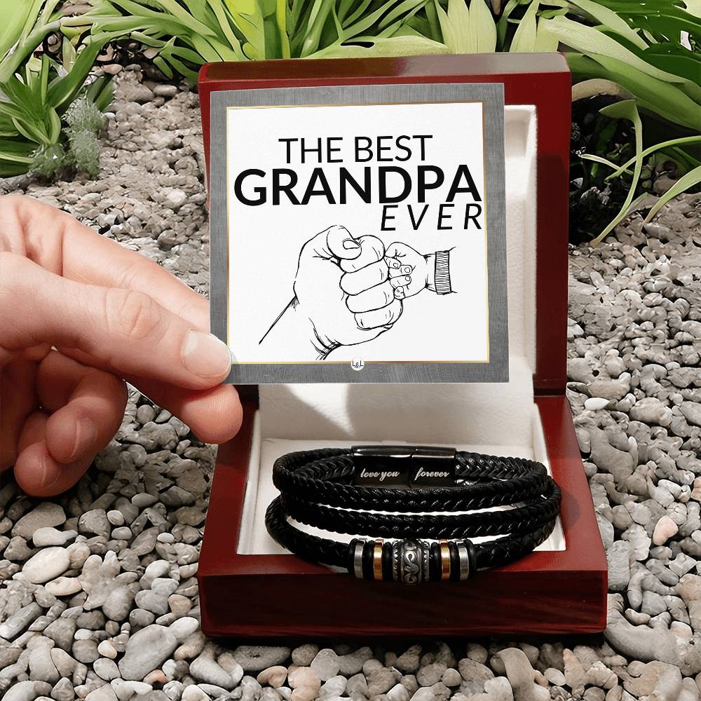 Gift For Grandpa - Best Grandpa Ever - Men's Braided Leather Bracelet - Great As A Christmas Gift or A Birthday Present For Him