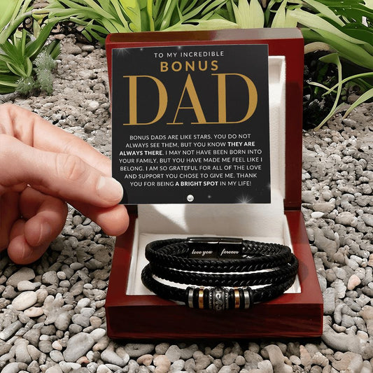 Bonus Dad Gift - Men's Leather Bracelet For Stepdad - Great For Christmas, Father's Day or His Birthday