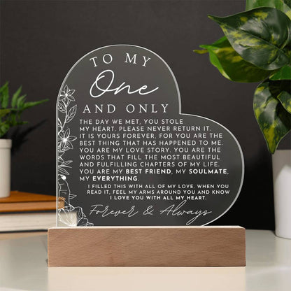 Meaningful Gift For Her - My One And Only - Heart Shaped Acrylic Plaque - Perfect Christmas Gift, Valentine's Day, Birthday or Anniversary Present