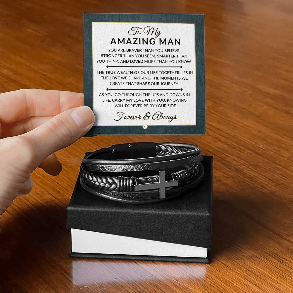 Special Gift For My Man - Carry My Love With You - Men's Braided Leather Bracelet with Cross - Great Christmas Gift, Valentines Day, Anniversary or Birthday Present For Him - Liliana and Liam