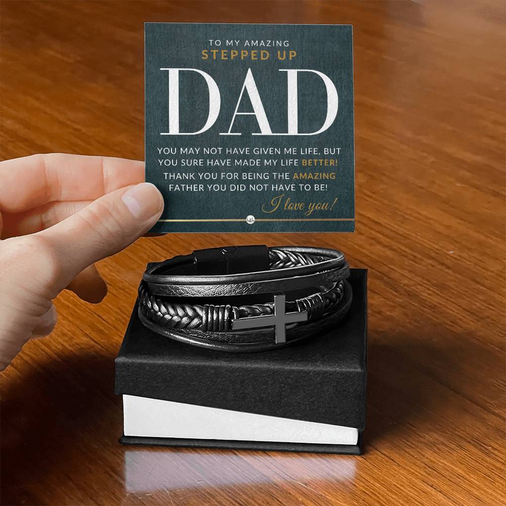 Stepped Up Dad Present - Men's Braided Leather Bracelet with Cross - Great Christmas Gift, Birthday Present or Fathers Day Gift For Him