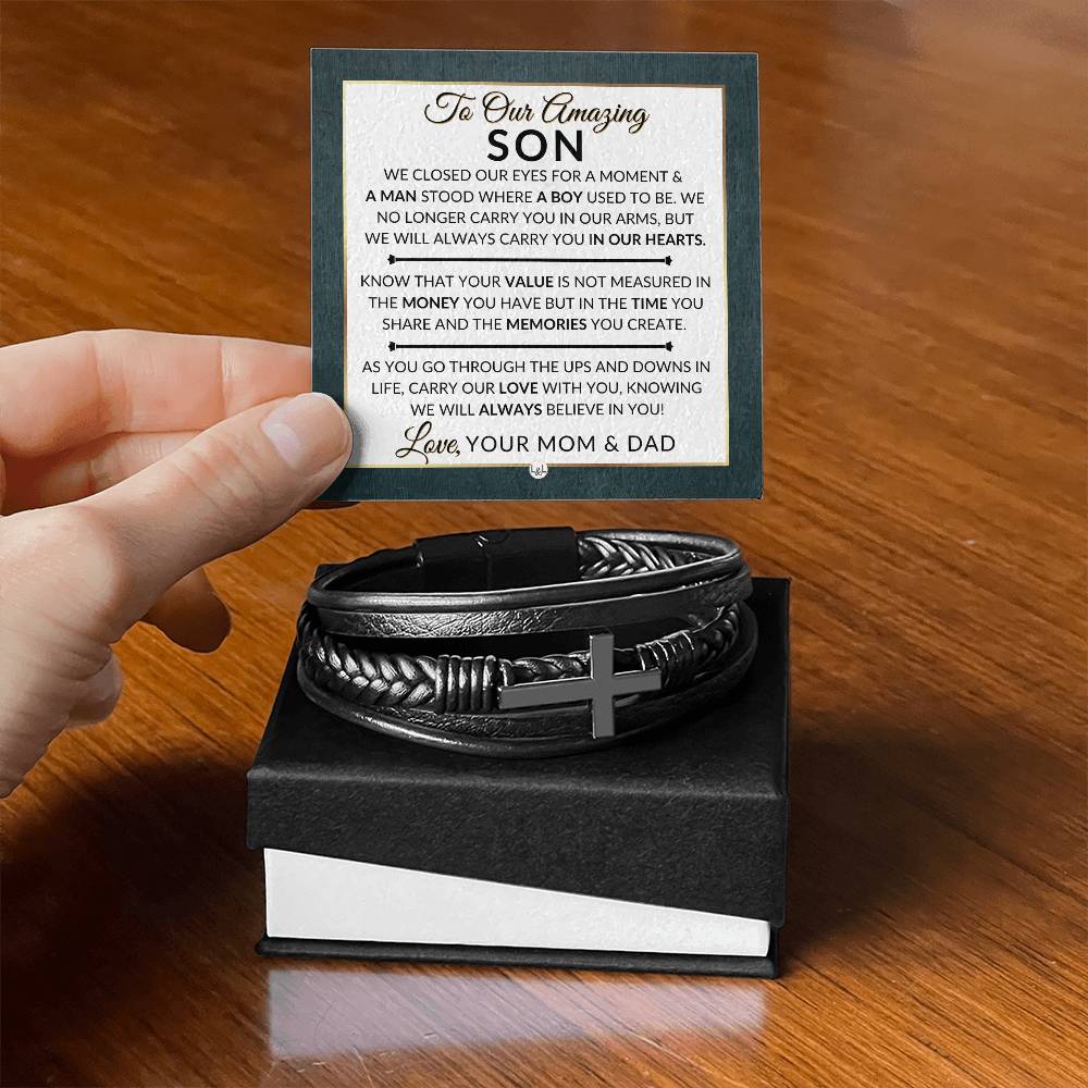 Gift For Our Son From His Mom and Dad - We Closed Our Eyes - Men's Braided Leather Bracelet with Cross - Christmas Gift or A Birthday Present For Him - Liliana and Liam