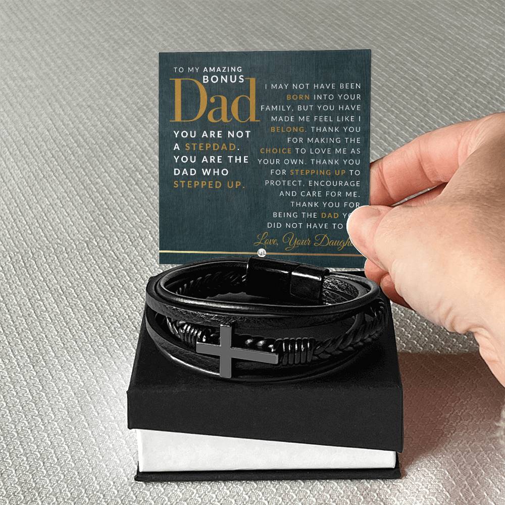 Gift For Bonus Dad, From Daughter - Men's Braided Leather Bracelet with Cross - Great Christmas Gift, Birthday Present or Fathers Day Gift For Him