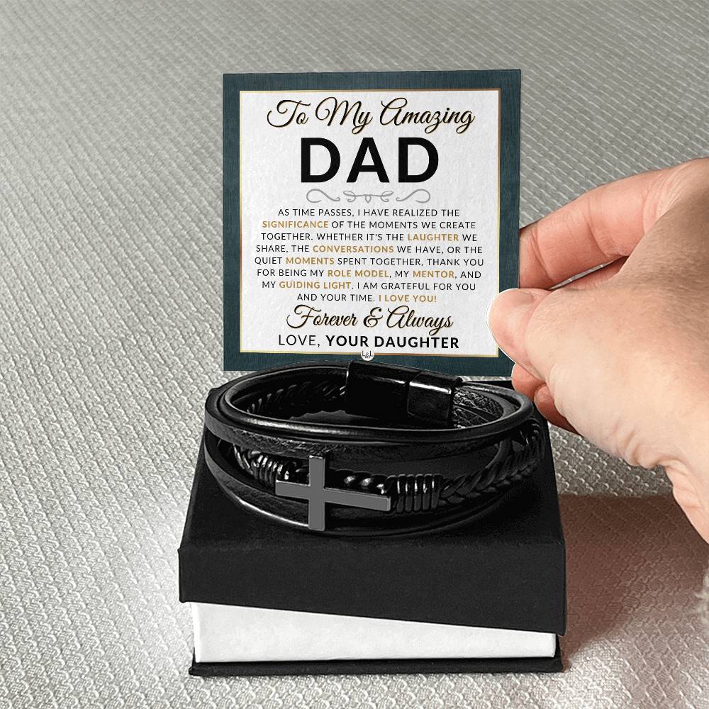 Dad Gift, From Daughter - Men's Braided Leather Bracelet with Cross - Great Christmas Gift, Birthday Present or Fathers Day Gift For Him