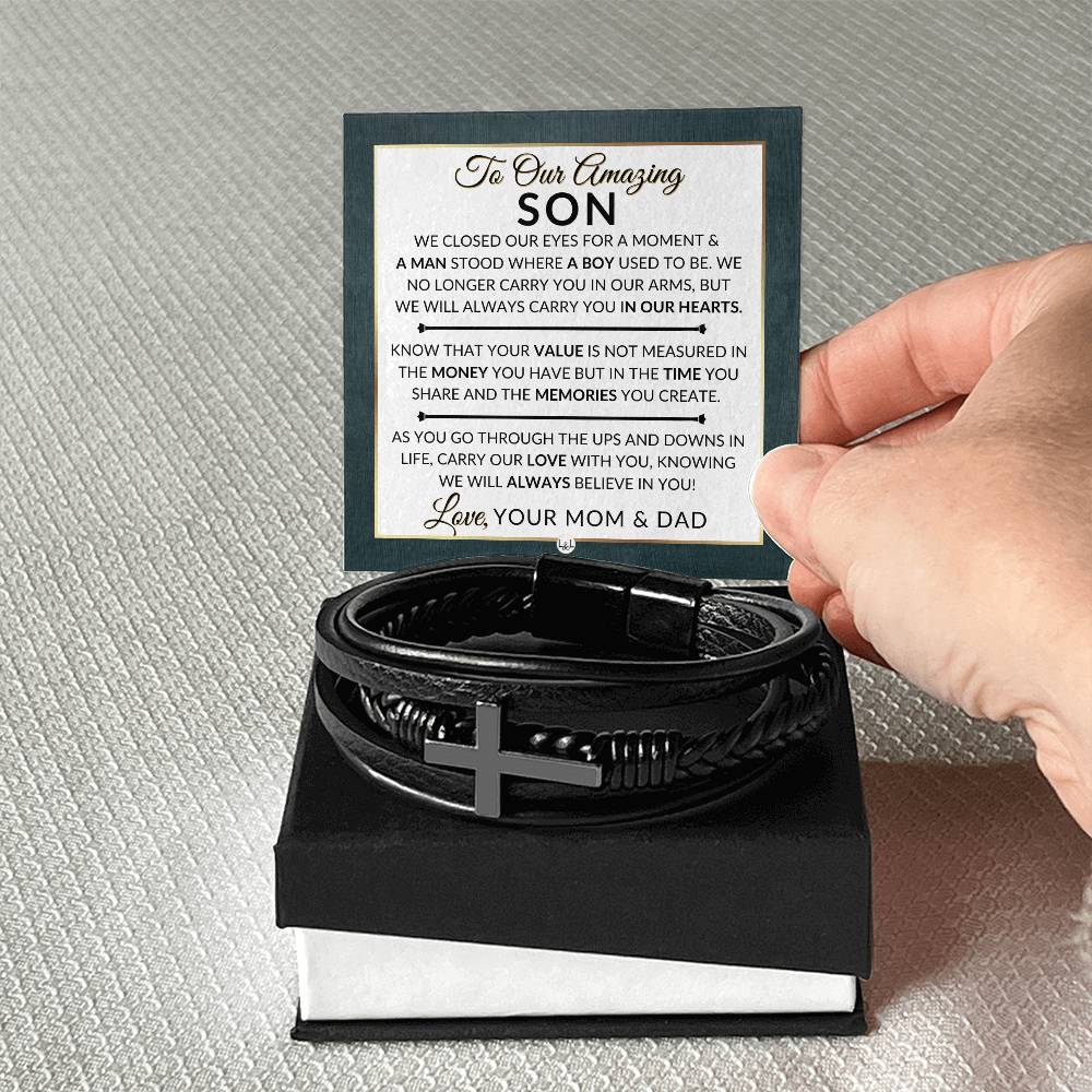 Gift For Our Son From His Mom and Dad - We Closed Our Eyes - Men's Braided Leather Bracelet with Cross - Christmas Gift or A Birthday Present For Him - Liliana and Liam