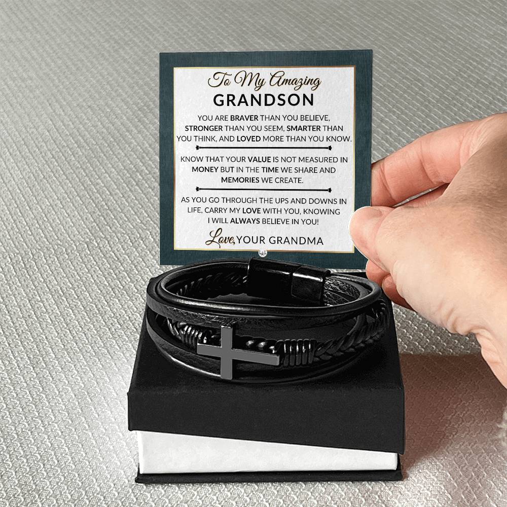 Gift For My Grandson From Grandma - Carry My Love With You - Men's Braided Leather Bracelet with Cross -  Christmas Gift or A Birthday Present For Him