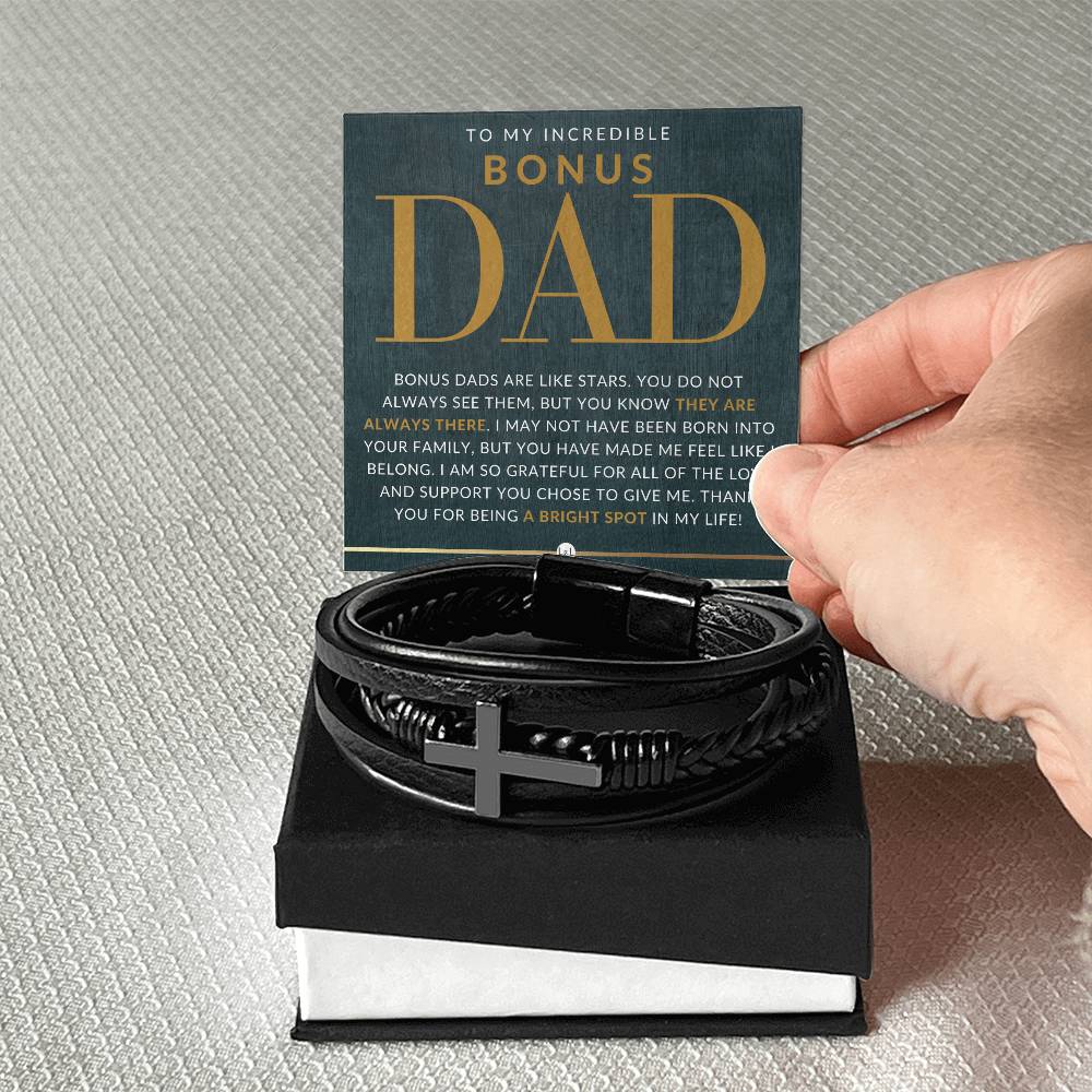 Bonus Dad Gift - Men's Braided Leather Bracelet with Cross - Great Christmas Gift, Birthday Present or Fathers Day Gift For Him