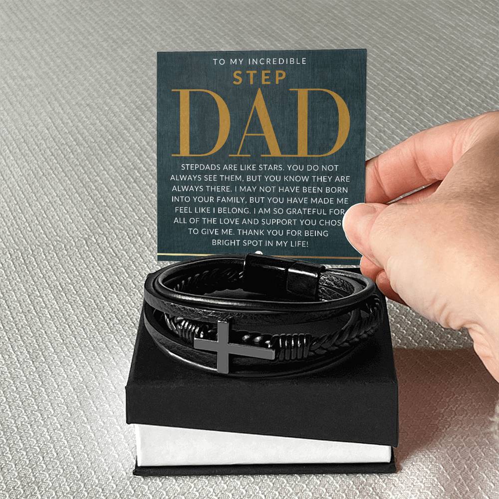 Gift For Step Dad - Men's Braided Leather Bracelet with Cross - Great Christmas Gift, Birthday Present or Fathers Day Gift For Him