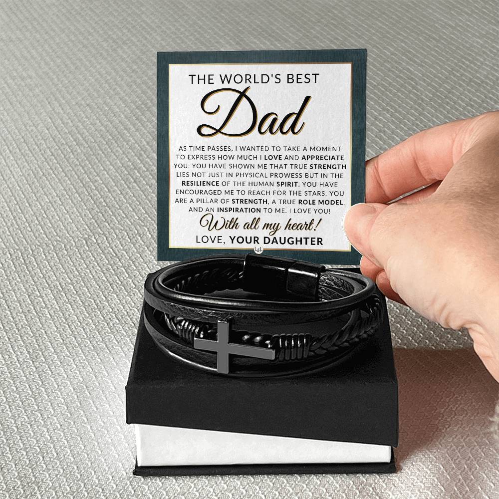 World's Best Dad, From Daughter - Men's Braided Leather Bracelet with Cross - Great Christmas Gift, Birthday Present or Fathers Day Gift For Him