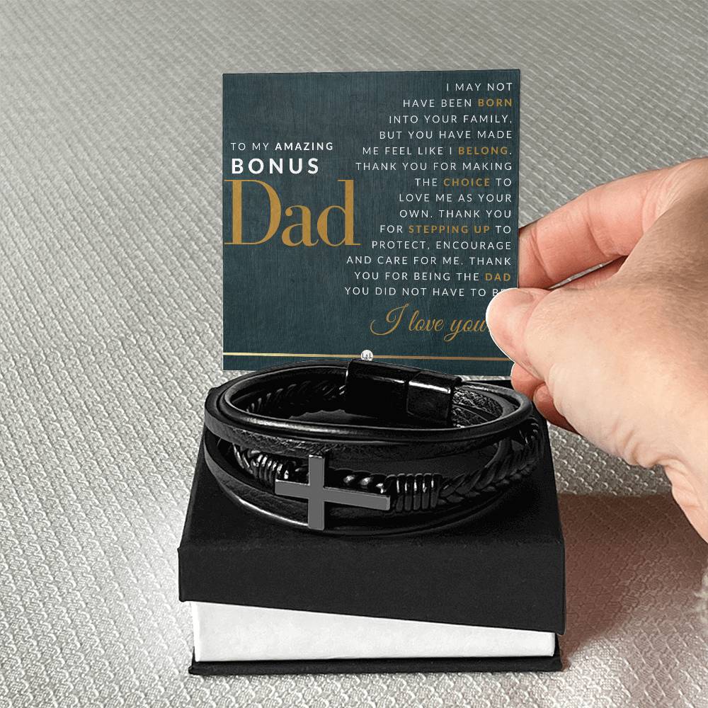 Gift For Bonus Dad - Men's Braided Leather Bracelet with Cross - Great Christmas Gift, Birthday Present or Fathers Day Gift For Him