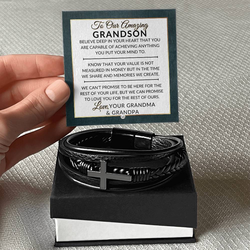 Grandson Gift From Grandma and Grandpa - You Can Achieve Anything - Men's Braided Leather Bracelet with Cross -  Christmas Gift or A Birthday Present For Him