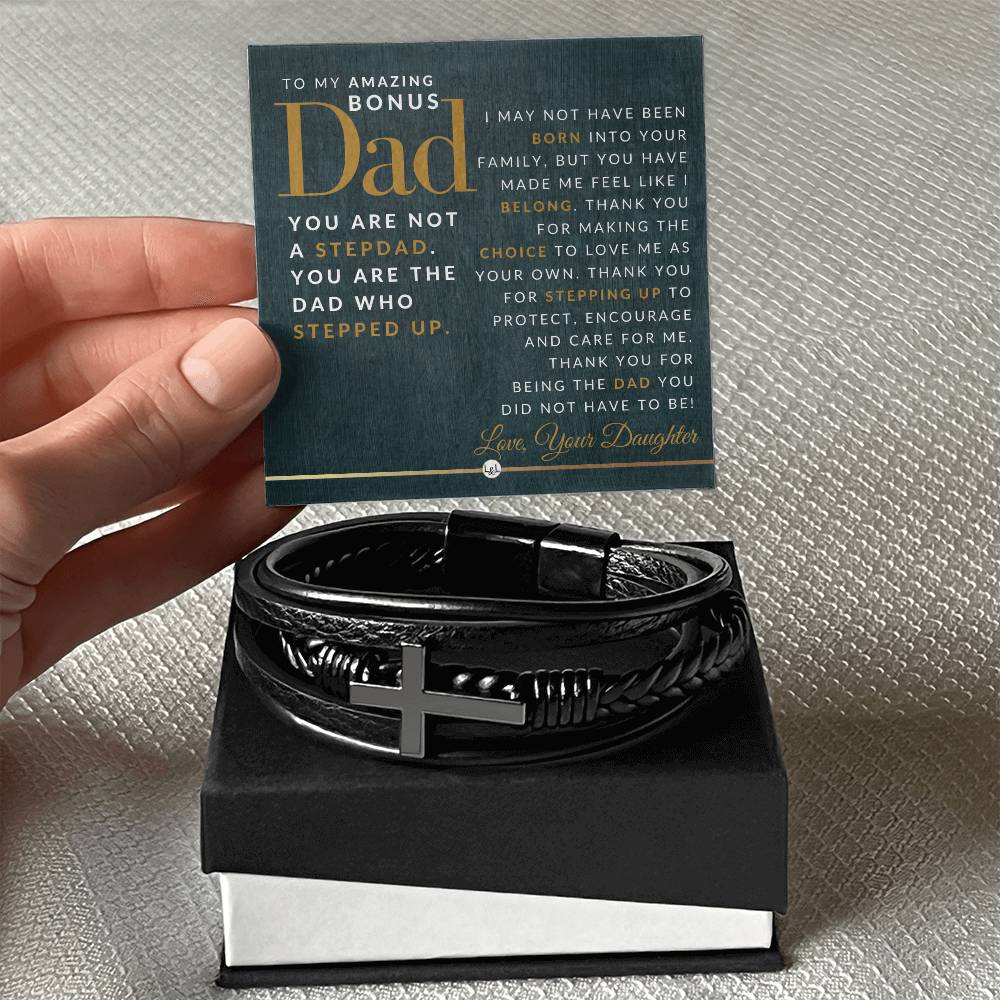 Gift For Bonus Dad, From Daughter - Men's Braided Leather Bracelet with Cross - Great Christmas Gift, Birthday Present or Fathers Day Gift For Him