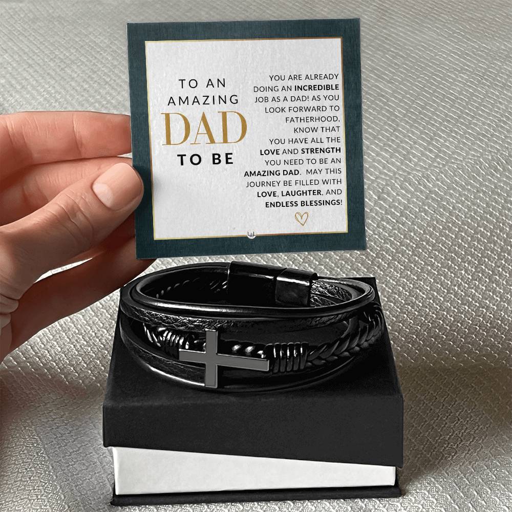 Future Dad To Be Gift - Men's Braided Leather Bracelet with Cross -  Christmas Gift or A Birthday Present For Him