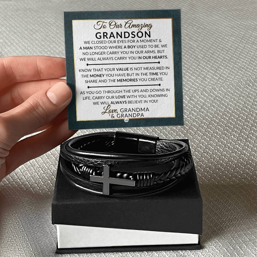 Gift For Our Grandson From His Grandma and Grandpa - We Closed Our Eyes - Men's Braided Leather Bracelet with Cross -  Christmas Gift or A Birthday Present For Him
