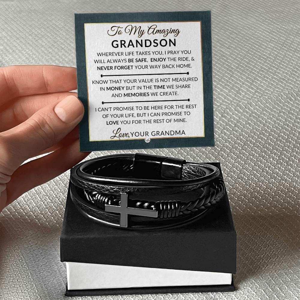 Gift For Grandson From Grandma - Never Forget Your Way Home - Men's Braided Leather Bracelet with Cross -  Christmas Gift or A Birthday Present For Him