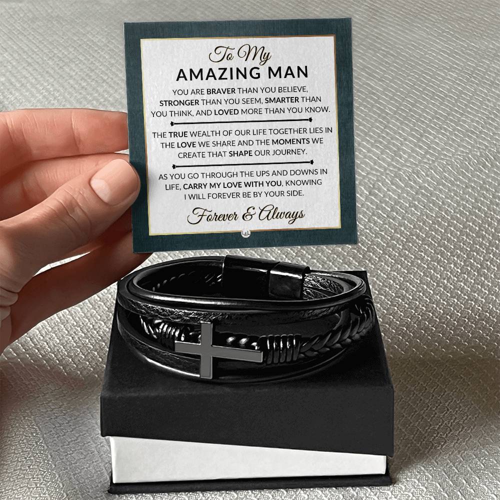 Special Gift For My Man - Carry My Love With You - Men's Braided Leather Bracelet with Cross - Great Christmas Gift, Valentines Day, Anniversary or Birthday Present For Him - Liliana and Liam