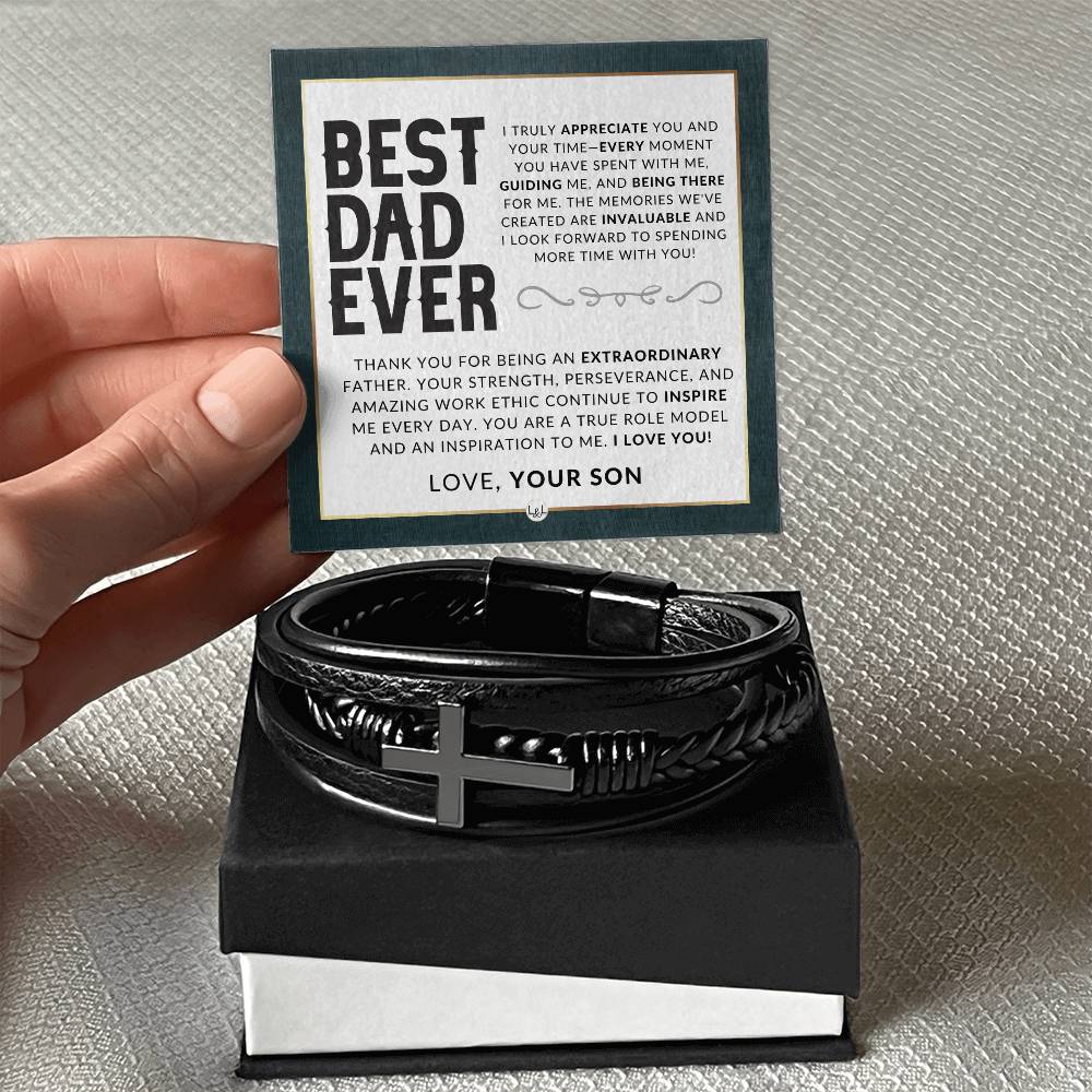 Dad Gift, From His Son - Men's Braided Leather Bracelet with Cross -  Christmas Gift or A Birthday Present For Him