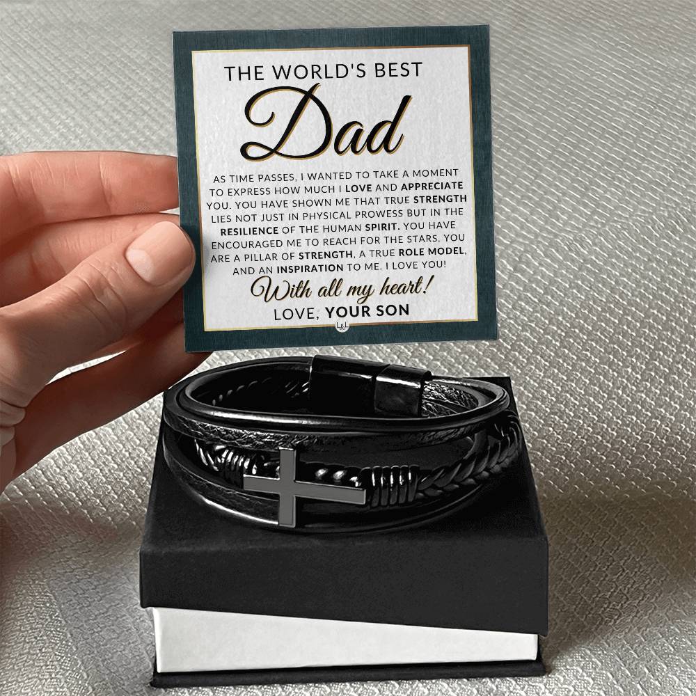 World's Best Dad, From Son - Men's Braided Leather Bracelet with Cross - Great Christmas Gift, Birthday Present or Fathers Day Gift For Him