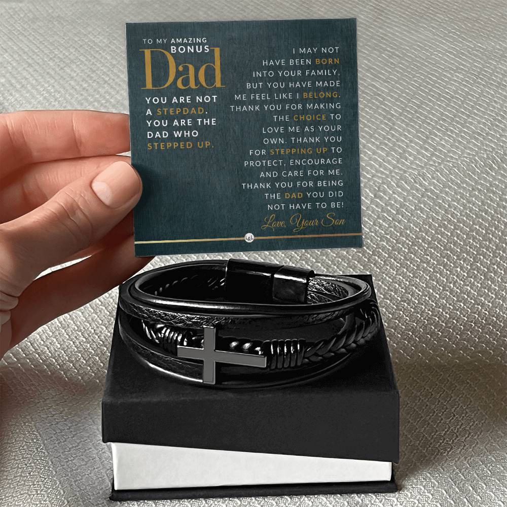 Gift For Bonus Dad, From Son - Men's Braided Leather Bracelet with Cross -  Christmas Gift or A Birthday Present For Him