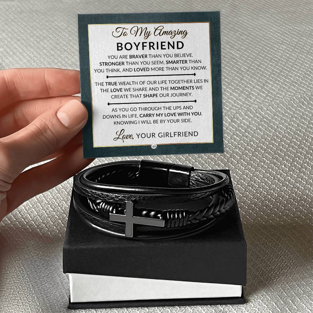 Special Gift For Boyfriend From Girlfriend - Carry My Love With You - Men's Braided Leather Bracelet with Cross - Great Christmas Gift, Valentines Day, Anniversary or Birthday Present For Him