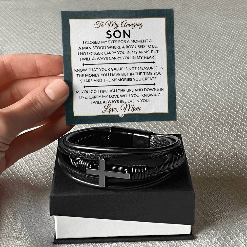 Gift For My Son From His Mom - I Closed My Eyes - Men's Braided Leather Bracelet with Cross -  Christmas Gift or A Birthday Present For Him